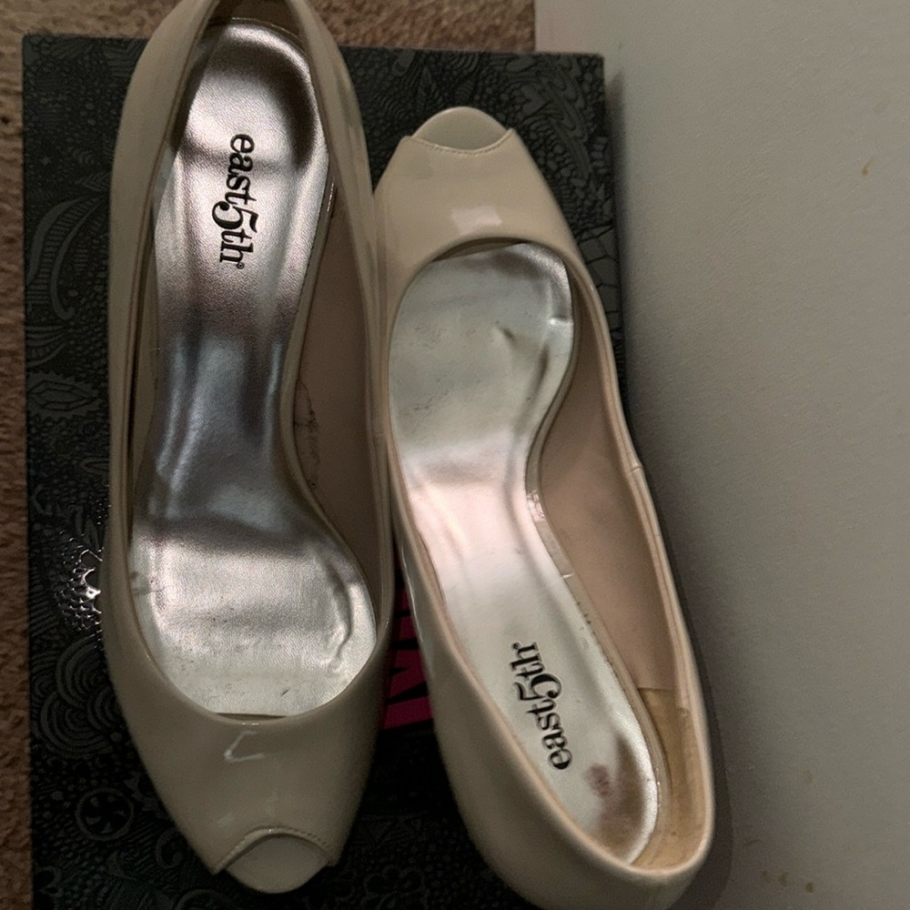 Beige east5th peep toe heels.